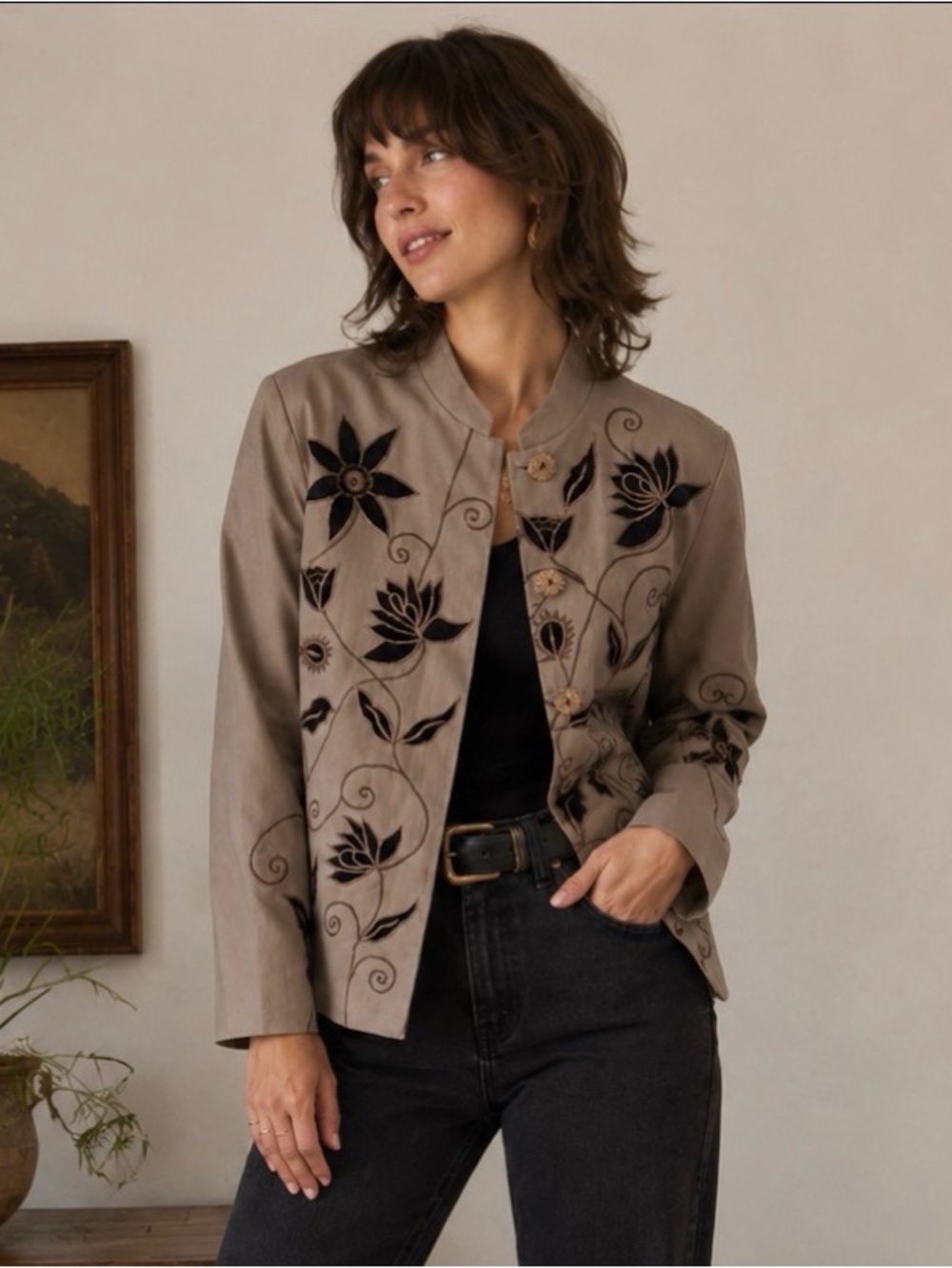 Ultimate Embroidered Vintage Cotton Blazer Jacket Boho Wearable Art Taupe Brown